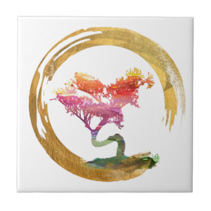 Bonsai Tree. Zen Enso Circle. Watercolor Art Tile