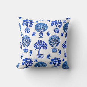 Bonsai Trees Pattern in Cobalt Blue and White Cushion