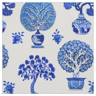 Bonsai Trees Pattern in Cobalt Blue and White Fabric