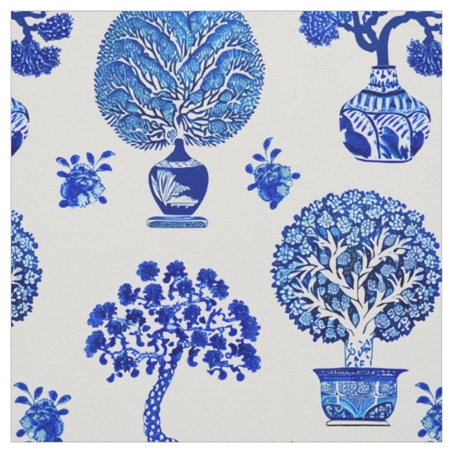 Bonsai Trees Pattern in Cobalt Blue and White Fabric (Swatch)