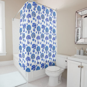 Bonsai Trees Pattern in Cobalt Blue and White Shower Curtain