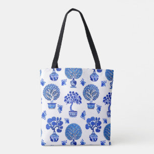 Bonsai Trees Pattern in Cobalt Blue and White Tote Bag
