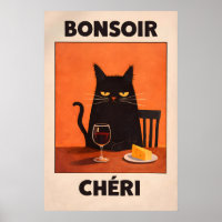 Bonsoir Chéri Black Cat Poster, French Wine Cheese