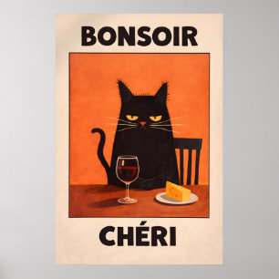 Bonsoir Chéri Black Cat Poster, French Wine Cheese Poster