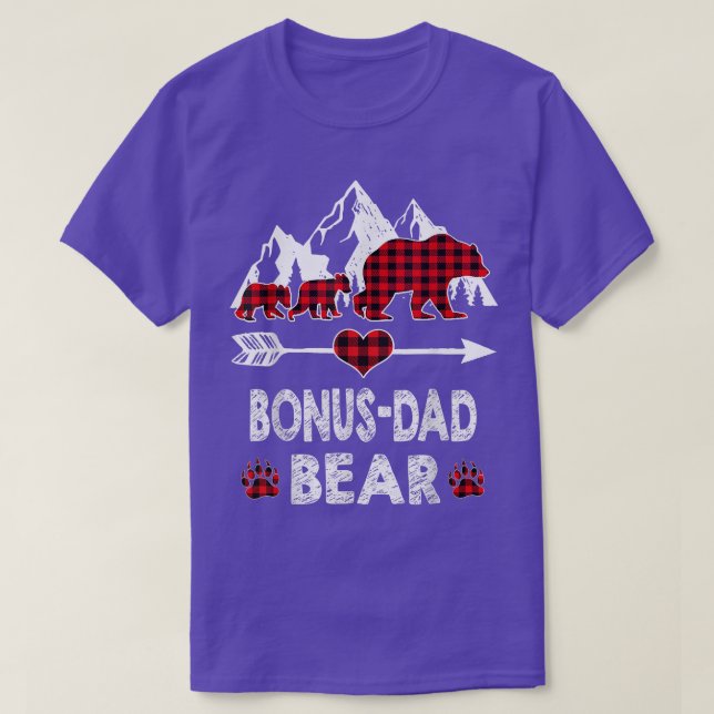 Bonus-Dad Bear Shirt, Red Buffalo Plaid Bonus-Dad  T-Shirt (Design Front)