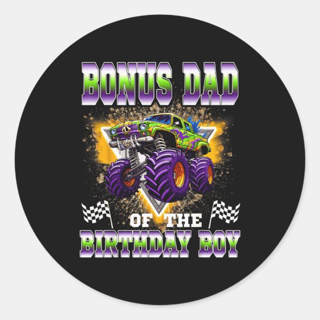 Bonus Dad Of The Birthday Boy Monster Truck Birthd Classic Round Sticker (Front)