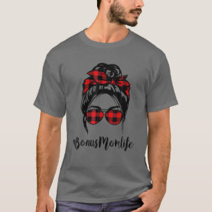 Bonus Mom Life Messy Bun Hair Leopard Red Plaid Mo T-Shirt
