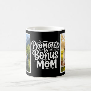 Bonus Mom Promoted Brush Script Two Photo Black Coffee Mug