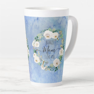 Bonus Mum I Love You Blue White Boho Floral Wreath Latte Mug