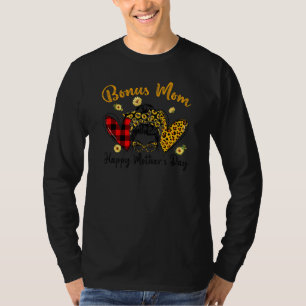 Bonus Mum Life Leopard Plaid Hearts Messy Bun Moth T-Shirt