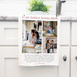 "Bonus Mum" Step Mum   Floral 3 Photo Tea Towel