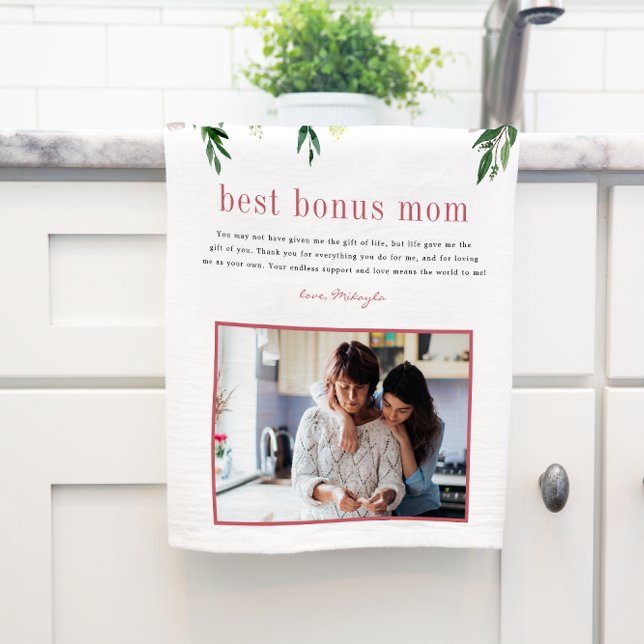 "Bonus Mum" Step Mum | Floral Photo Tea Towel (Creator Uploaded)
