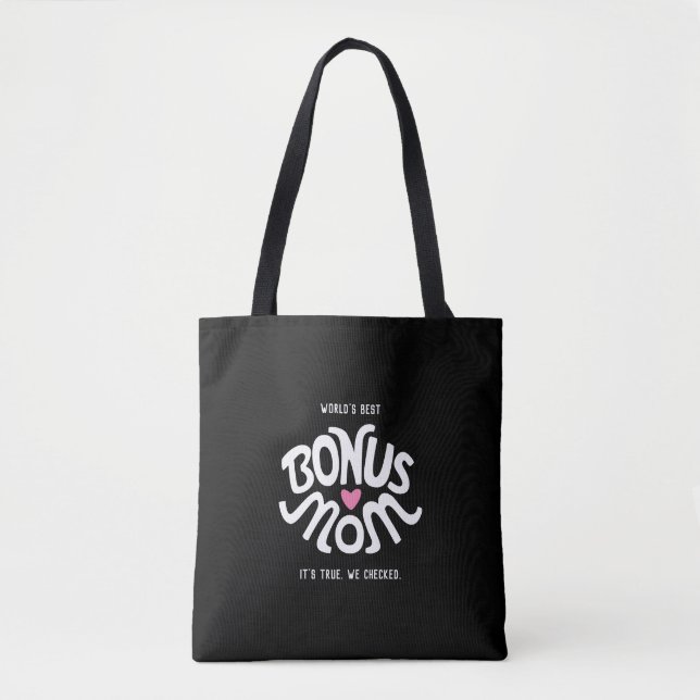 Bonus Mum White & Pink Design on Black Tote Bag (Front)