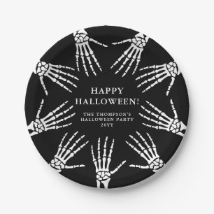Bony Skeleton Hands On Black Happy Halloween Paper Plate