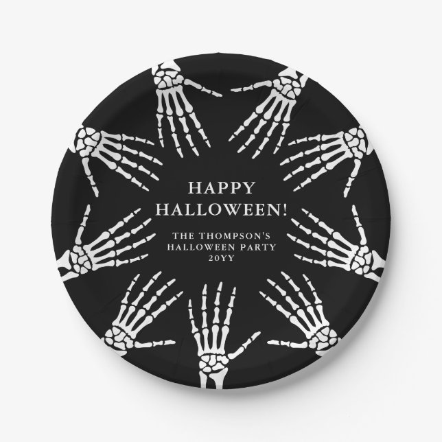 Bony Skeleton Hands On Black Happy Halloween Paper Plate (Front)