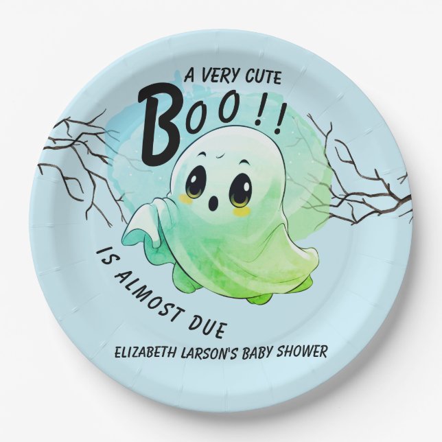Boo Baby Shower Halloween Blue Themed Cute Party Paper Plate (Front)