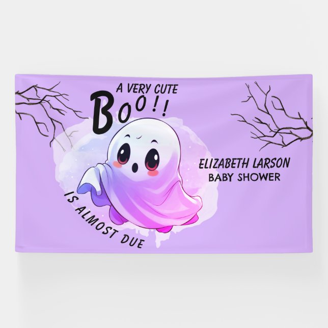 Boo Baby Shower Halloween Purple Themed Cute Party Banner (Horizontal)