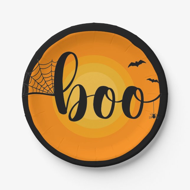 Boo bats spider web typography halloween party paper plate (Front)