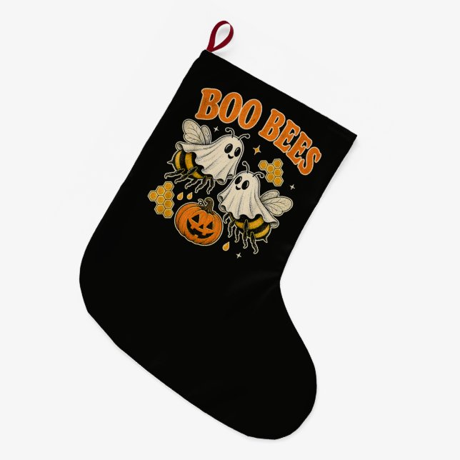 Boo Bees Funny Ghost Bee Pun Cute Halloween Large Christmas Stocking (Front (Hanging))