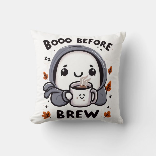 Boo Before Brew Funny Ghost Cute Halloween Coffee Cushion (Front)