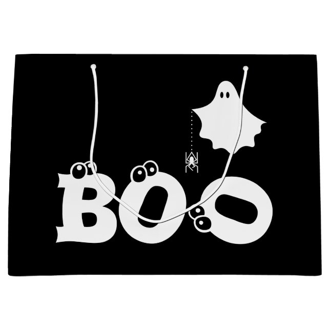Boo Black and White Funny Halloween Ghost Spider Large Gift Bag (Front)