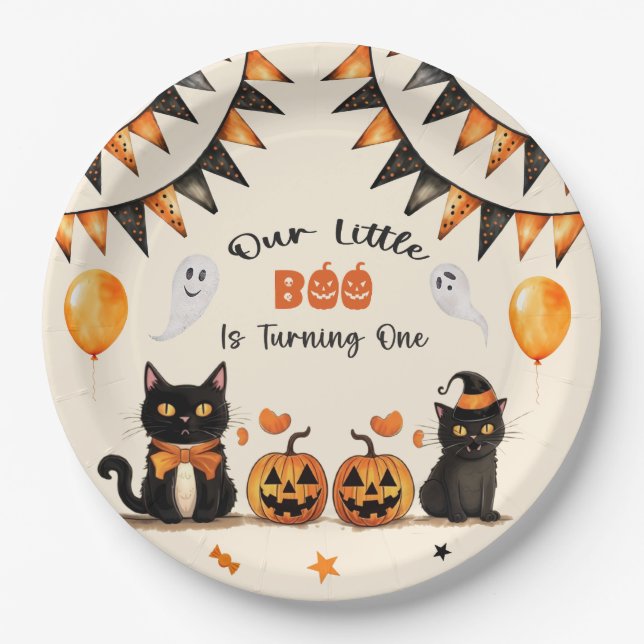 Boo Black Cat Halloween Party Is Turning One Paper Plate (Front)