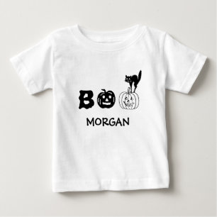 Boo black cat pumpkin face custom name Halloween Baby T-Shirt