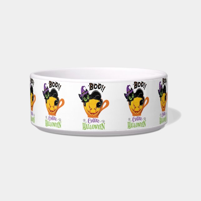 Boo Black Cat, Scary Pumpkin Coffee Halloween Bowl (Left)