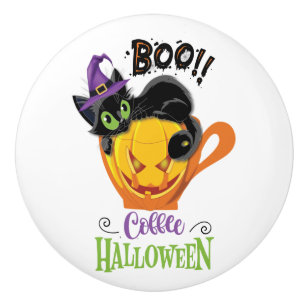 Boo Black Cat, Scary Pumpkin Coffee Halloween Ceramic Knob