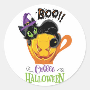 Boo Black Cat, Scary Pumpkin Coffee Halloween Classic Round Sticker