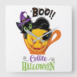 Boo Black Cat, Scary Pumpkin Coffee Halloween Square Wall Clock