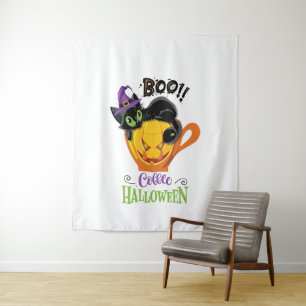 Boo Black Cat, Scary Pumpkin Coffee Halloween Tapestry