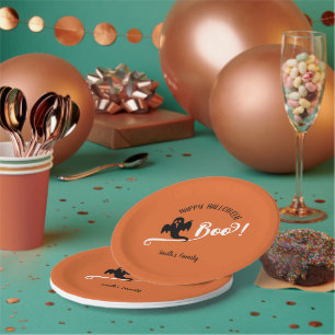 Boo Black Little Ghost Happy Halloween Orange Paper Plate