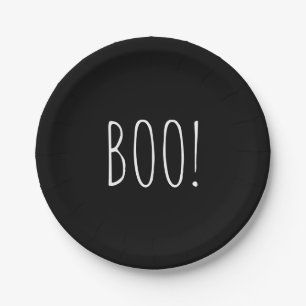Boo black white simple minimalist funny Halloween Paper Plate