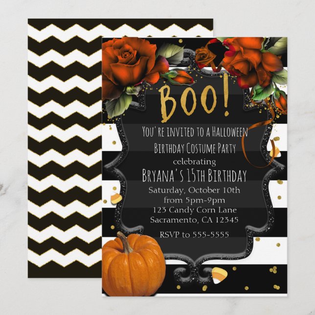 BOO! Black White Striped Roses & Pumpkin Halloween Invitation (Front/Back)