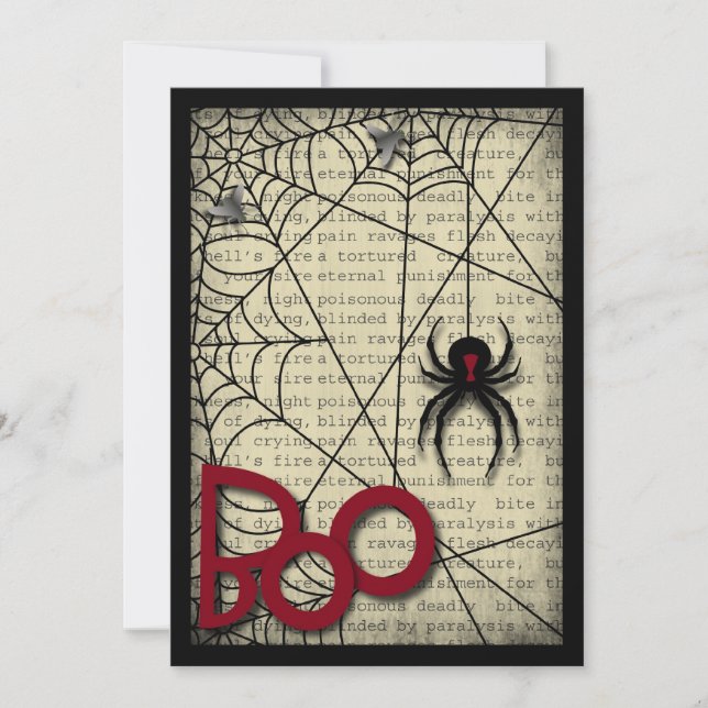 Boo Black Widow Spider & Creepy Text for Halloween Invitation (Front)