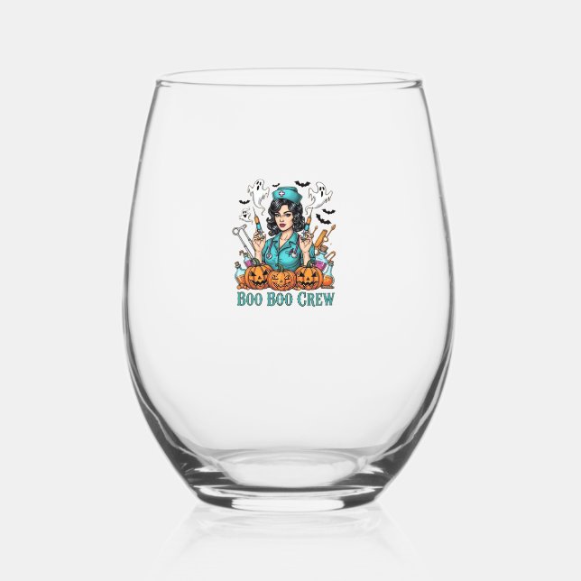Boo Boo Crew Halloween Nurse with Syringes and Pum Stemless Wine Glass (Front)
