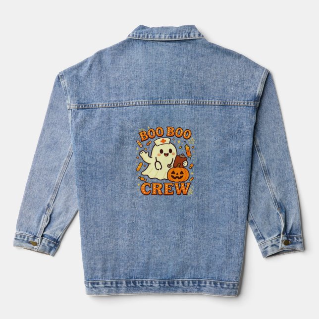 Boo Boo Crew Nurse Funny Halloween Ghost Nurse Gir Denim Jacket (Back)