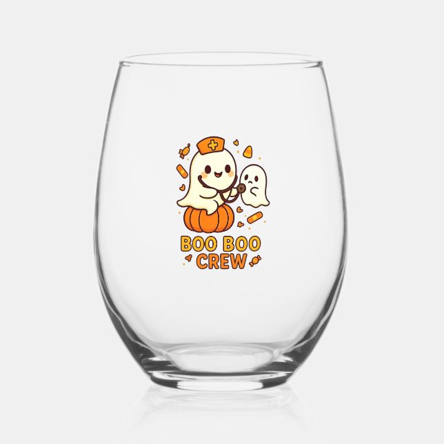 Boo Boo Crew Nurse Funny Halloween Ghost Nurse Gir Stemless Wine Glass (Front)