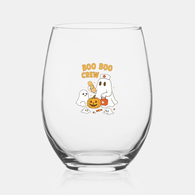 Boo Boo Crew Nurse Funny Halloween Ghost Nurse Gir Stemless Wine Glass (Front)