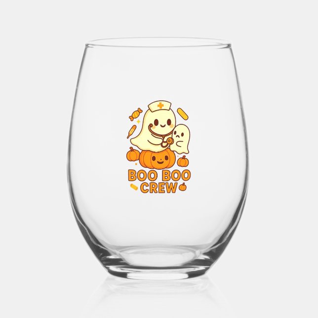 Boo Boo Crew Nurse Funny Halloween Ghost Nurse Gir Stemless Wine Glass (Front)