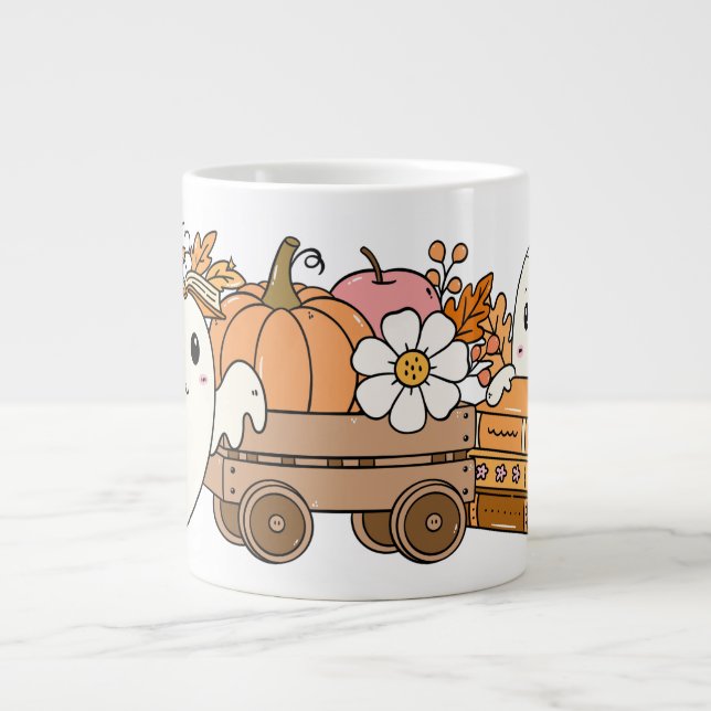 Boo & Books Adorable Ghost Reading Fall Design Large Coffee Mug (Front)