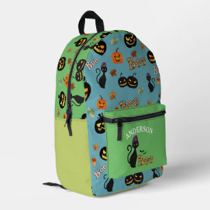 Boo Cat Halloween Pattern Personalised Name Printed Backpack