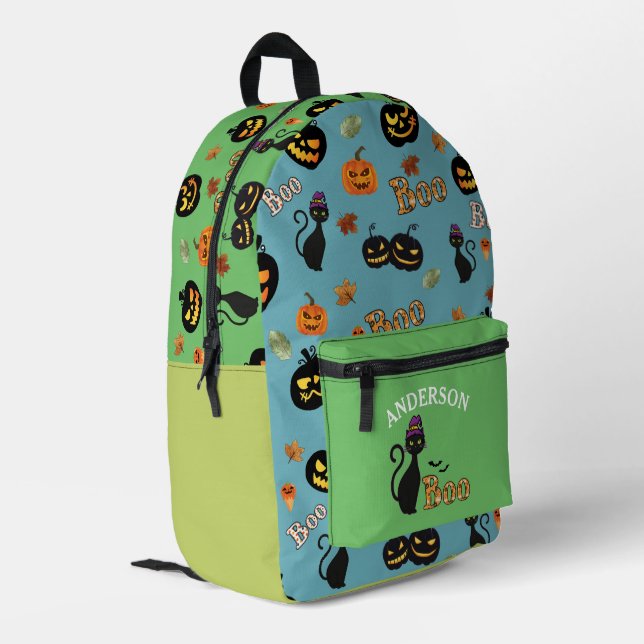 Boo Cat Halloween Pattern Personalised Name Printed Backpack (Back Corner Left)