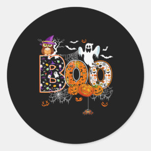 Boo Creepy Owl Pumpkin Ghost Halloween Men Women K Classic Round Sticker