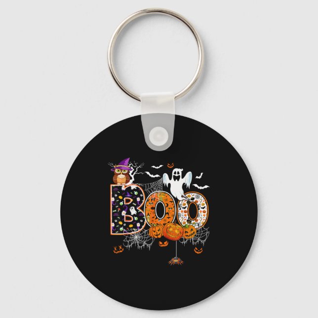 Boo Creepy Owl Pumpkin Ghost Halloween Men Women K Key Ring (Front)
