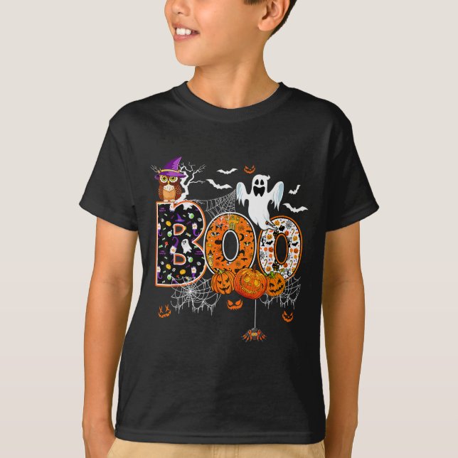 Boo Creepy Owl Pumpkin Ghost Halloween Men Women K T-Shirt (Front)