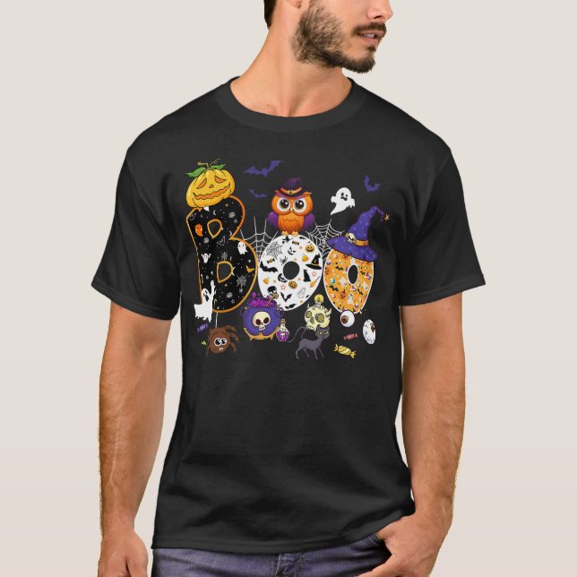 Boo Creepy Owl Pumpkin Ghost Halloween Men Women K T-Shirt (Front)