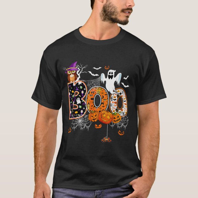 Boo Creepy Owl Pumpkin Ghost Halloween Men Women K T-Shirt (Front)