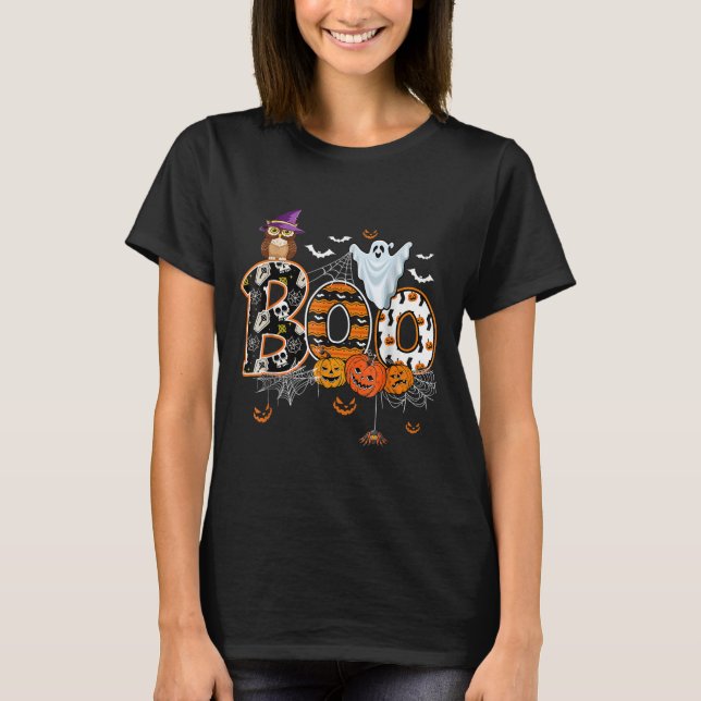 Boo Creepy Owl Pumpkin Ghost Halloween Men Women K T-Shirt (Front)